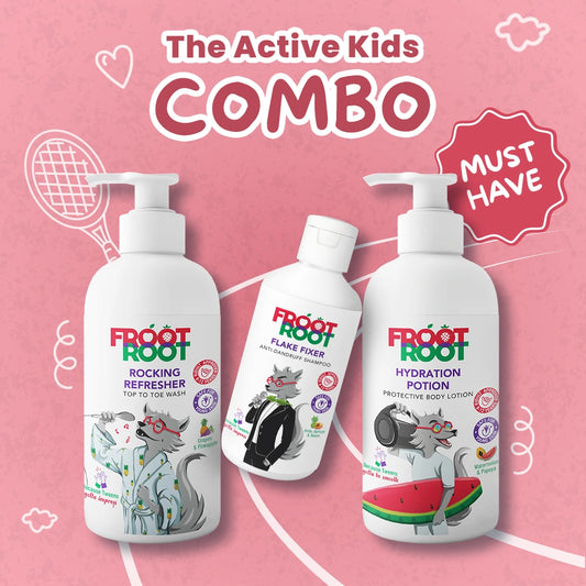 Froot Root Active Kids combo- Top to Toe wash+Body lotion+Anti-dandruff Shampoo