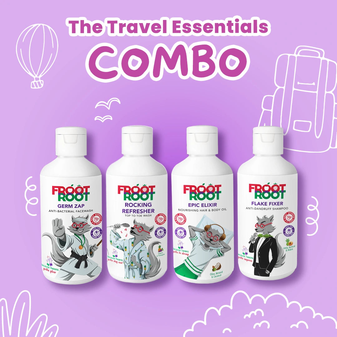 The Travel Essentials Kit with 100ml bottle of Top to Toe Wash, Facewash, Body lotion and Shampoo in a travel pouch