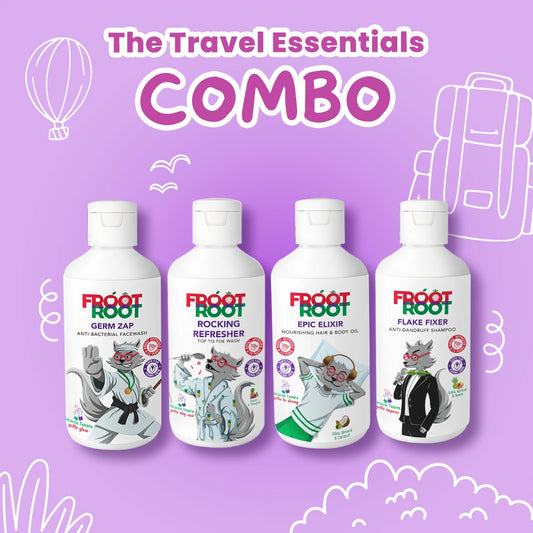 The Travel Essentials Kit with 100ml bottle of Top to Toe Wash, Facewash, Body lotion and Shampoo in a travel pouch