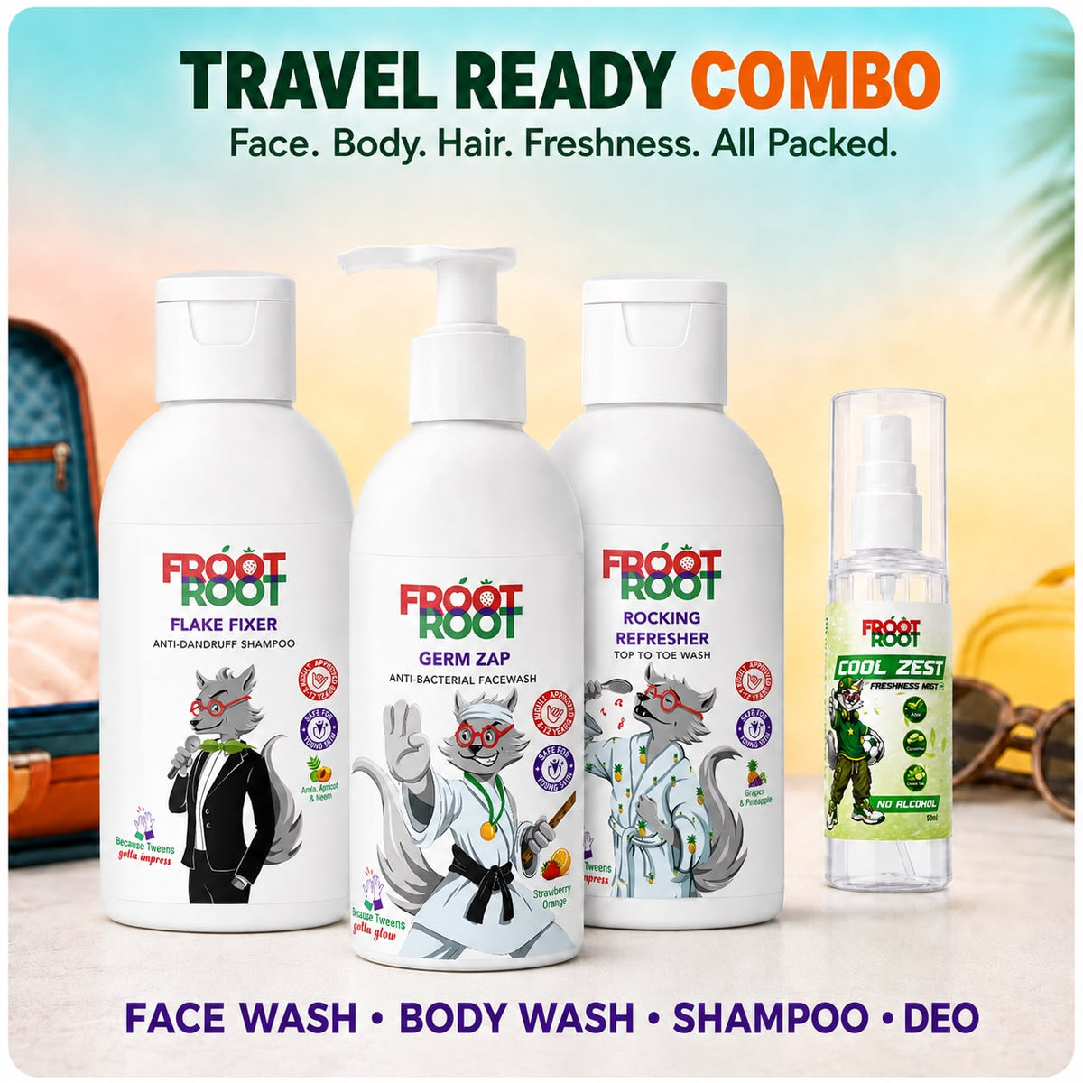 Froot Root Travel Kit Combo with face wash, shampoo, body wash and Cool Zest mist