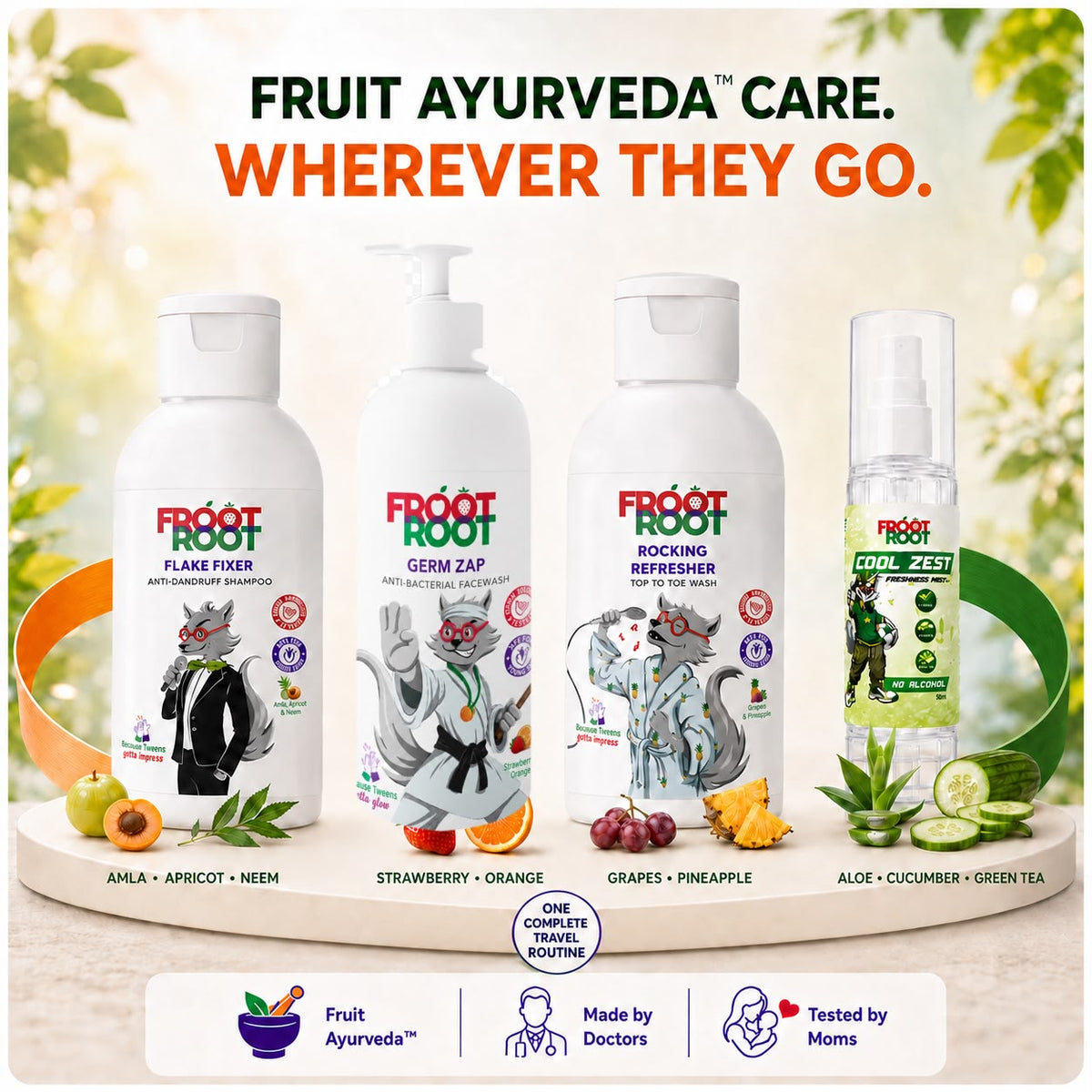 Froot Root Travel Kit Combo with face wash, shampoo, body wash and Cool Zest mist