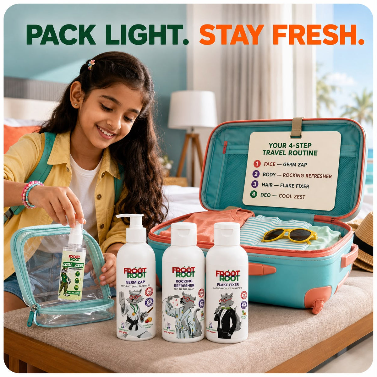 Froot Root Travel Kit Combo with face wash, shampoo, body wash and Cool Zest mist