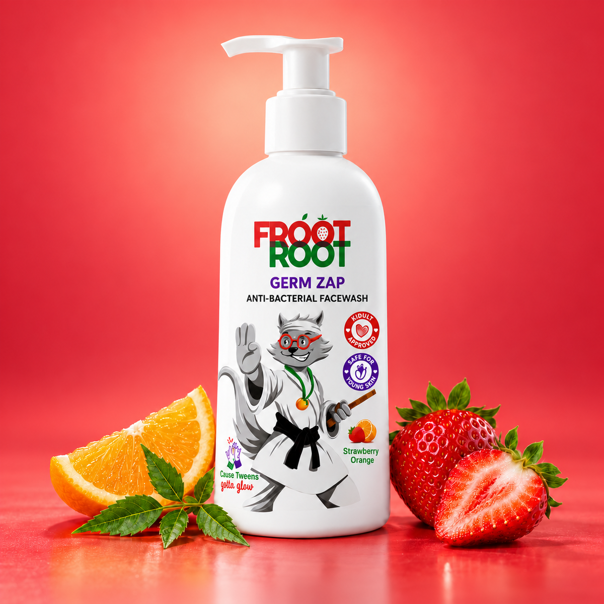 Germ Zap face wash with strawberry, orange and neem on a coral-red background