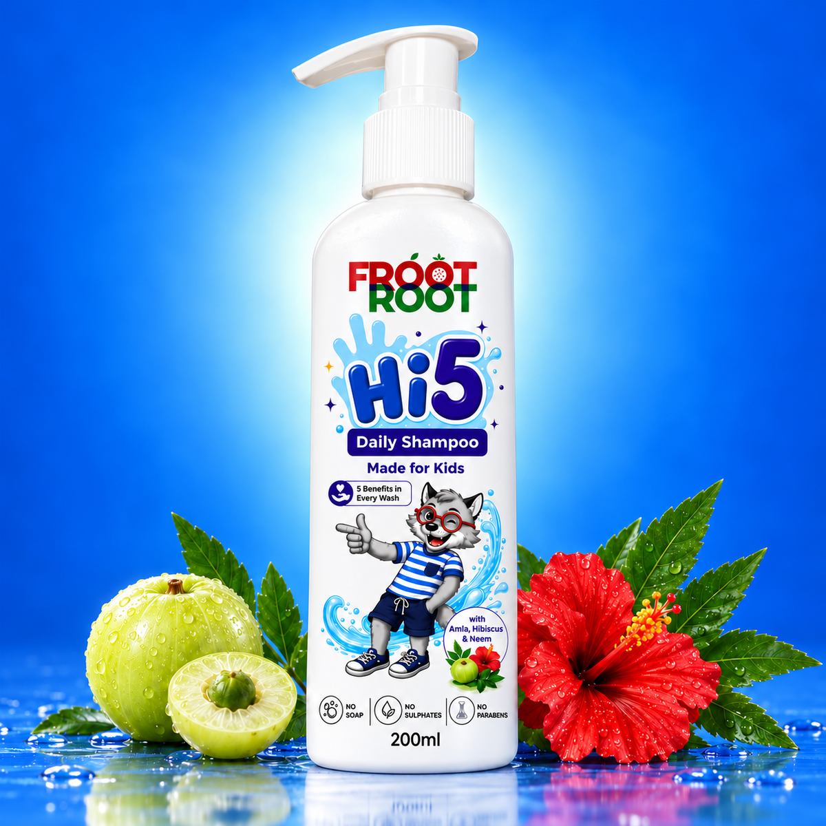 Hi5 Daily Shampoo 200 ml pump bottle with amla, hibiscus and neem on blue background