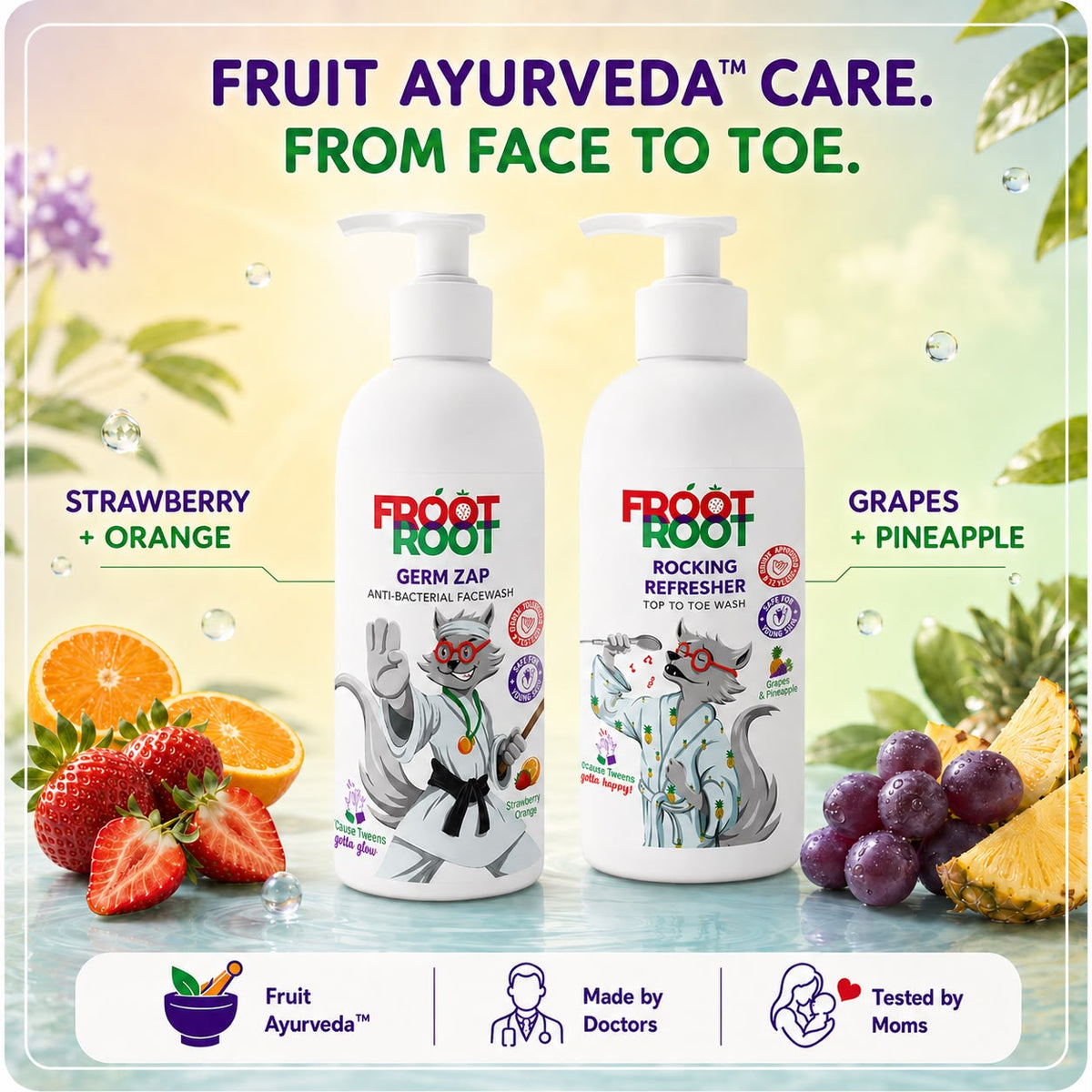 Froot Root School Care Combo – Germ Zap Face Wash 300 ml and Rocking Refresher Body Wash 300 ml