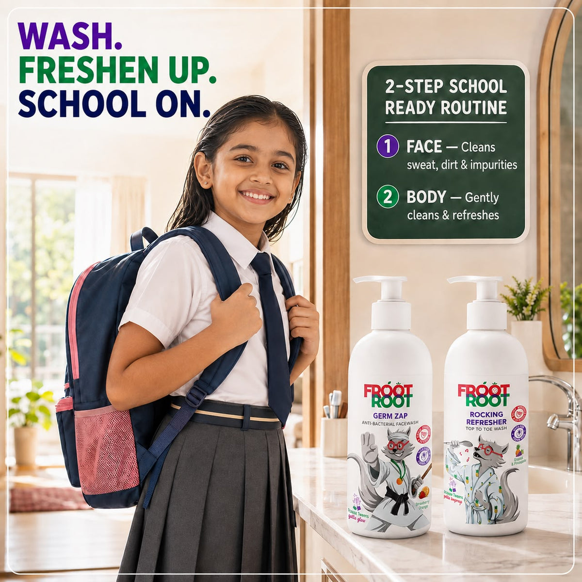 Froot Root School Care Combo – Germ Zap Face Wash 300 ml and Rocking Refresher Body Wash 300 ml
