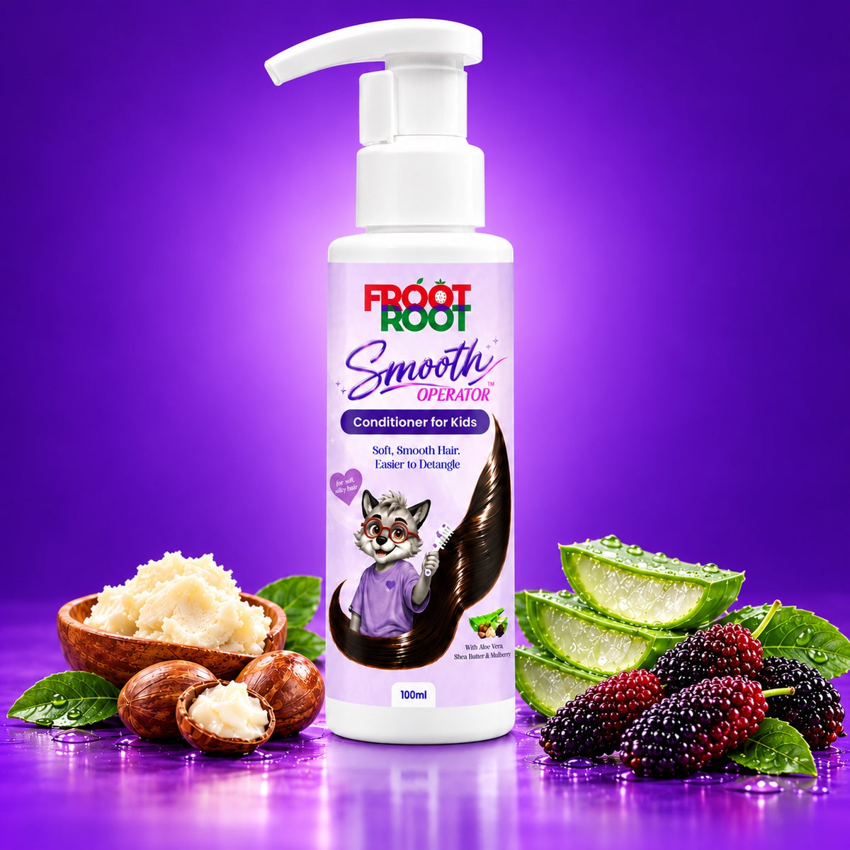 Smooth Operator conditioner with shea butter, aloe vera and mulberries on a bright purple background